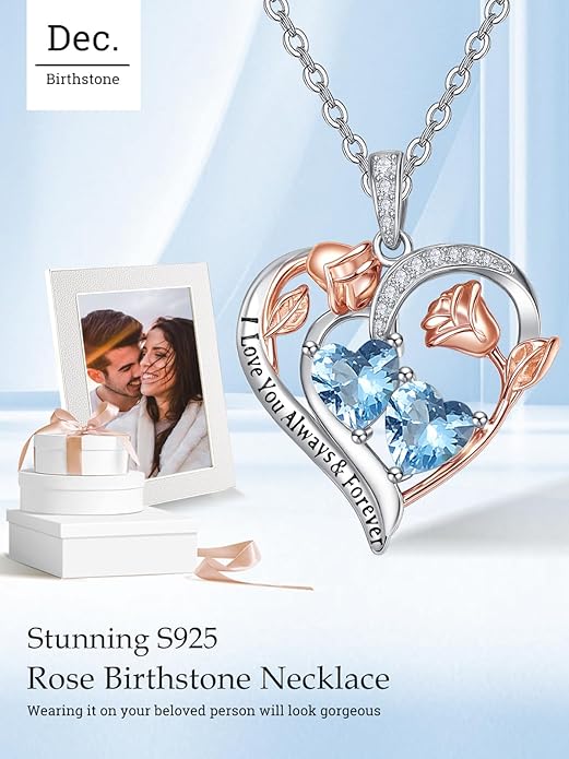 Valentine's Day Gifts for Wife 925 Sterling Silver Double Birthstone Pendant Necklaces I Love You for Always and Forever Necklace Anniversary Birthday Gifts for Wife Girlfriend Mom Her
