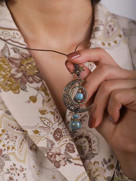 MINACHI Vintage Bohemian Hippie Ceramic Beads Crescent Moon Lariat Necklace, Boho Hippie Statement Jewelry Gift for Women