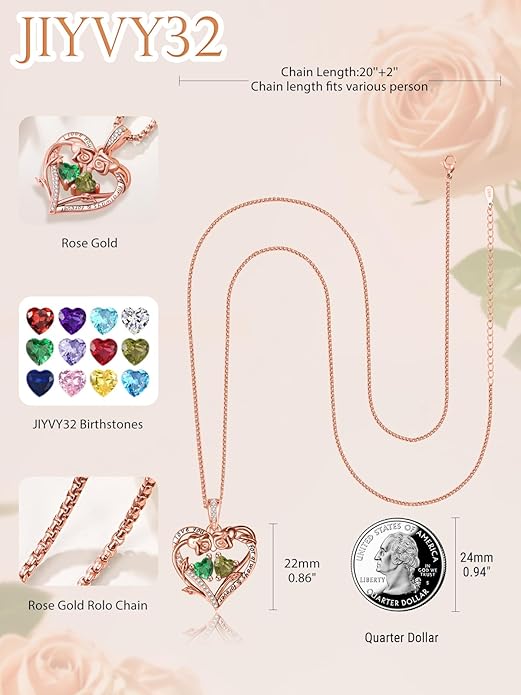 Rose Heart Necklaces for Women, Rose Gold Forever Love Jewelry with 2 Birthstones Pendant,Valentines Anniversarry Birthday Gifts for Her Wife Mom Grandma Daughter, 18+2 Inch Chain