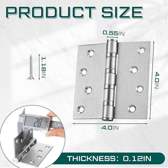 3 Pcs Silver 4'' Ball Bearing Door Hinges, Square Corner | Stainless Steel - Image 2
