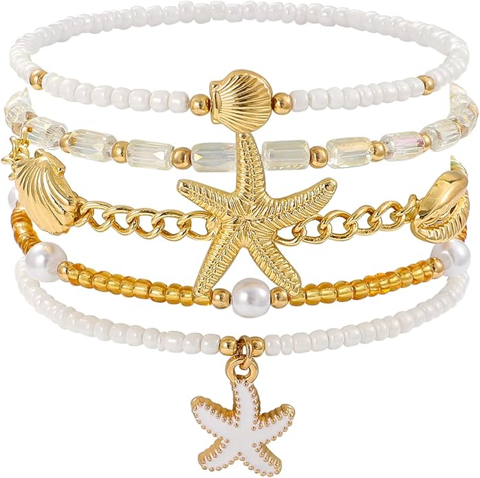 Shell Bracelet Seashell Boho Beaded Stretch Bracelets for Women Summer Beach Bracelets Starfish Charm Bracelet Stackable Gold Plated Bracelets Set for Women