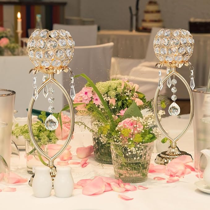2 Pcs Gold Elegant Metal Crystal Tea Light Candle Holders - Image 4