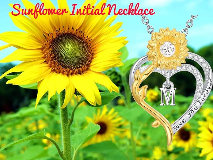 Initial Necklace 925 Sterling Silver Sunflower Heart Letter Pendant Alphabet Anniversary Birthday Jewelry Gifts for Women Mom Girlfriend Wife Her