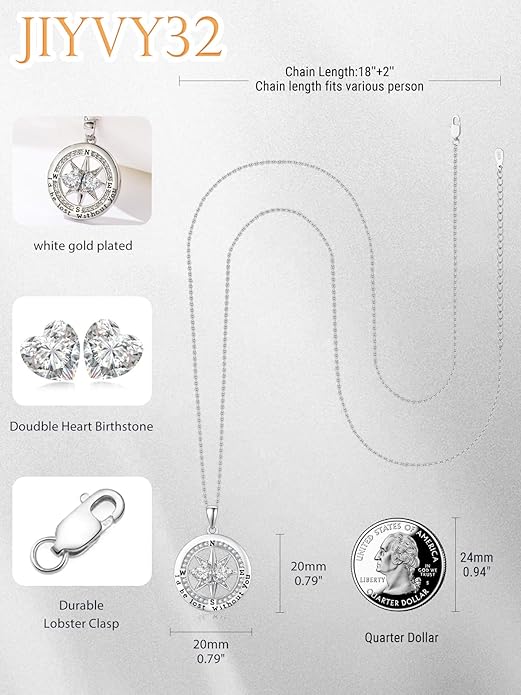 Compass Necklace for Women, Exquisite S925 Valentines Day Anniversary Birthday Gifts for Wife Her Double Birthstone Pendant Jewelry ‘I'd be Lost Without You’