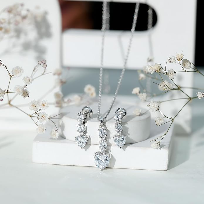 Certified Cubic Zirconia Necklace and Earrings Set in Silver, AAAAA Quality, CZ Diamond Bridal Jewelry Set - Valentines Day Gift