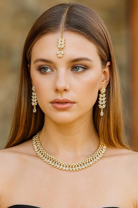 Touchstone Indian wedding jewelry set gold traditional necklaces for women statement rhinestone sets hollywood glamour style crystal stone bridal costume golden necklace