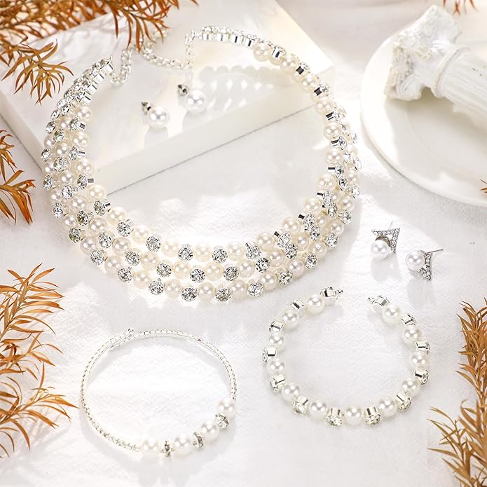 Glenmal Pearl Rhinestone Jewelry Set for Women Pearl Necklace Bracelet Earrings for Wedding Birthday Bridal Shower Tea Party