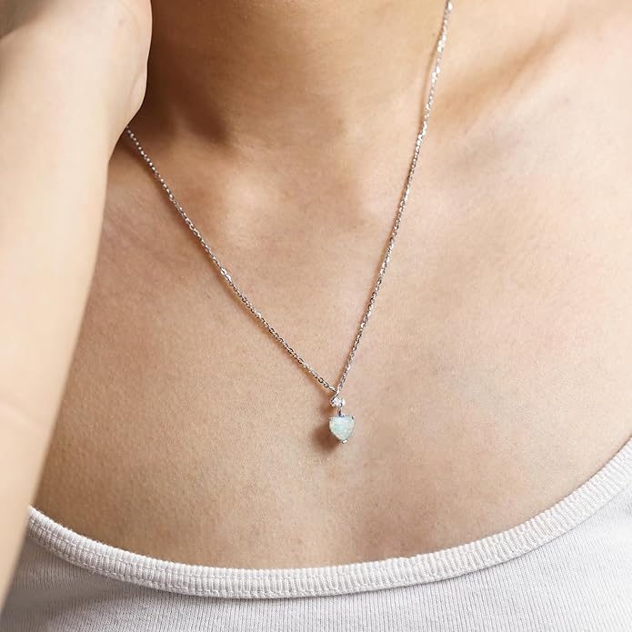 AGVANA Valentines Day Gifts 14K Solid White Gold Diamond Gemstone Pendant with Sterling Silver Chain 8mm Heart Birthstone Necklace Fine Jewelry Anniversary Birthday Gifts for Women Mom Wife