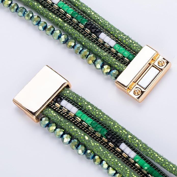 FANCY SHINY Leather Wrap Bracelets Crystal Beads Bracelet Boho Cuff Stone Charm Bracelets with Clasp Costume Jewelry for Women