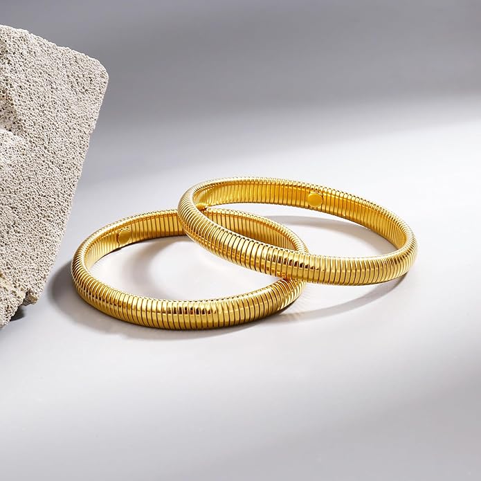 Gold Bangle Bracelets For Women Non Tarnish 14k Gold Plated Stackable Chunky Gold Bracelet Set Stretch Trendy Elastic Snake Chain Bracelet
