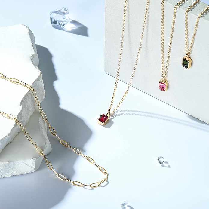 Layered Birthstone Necklace for Women Girls, 14K Gold-Plated Paperclip Chain Choker Necklace with Rectangle Birthstone Pendant Birthday Gifts for Women Girls Dainty Small