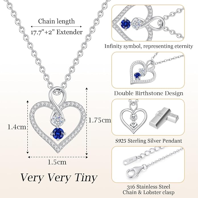 LOUISA SECRET Infinity Double Birthstone Necklace, 925 Sterling Silver Tiny Pendant Heart Necklace for Women Wife Her, Best Jewelry Gift Heart Jewelry Meaningful Gift for Valentine's Day, Christmas, Birthday Anniversary