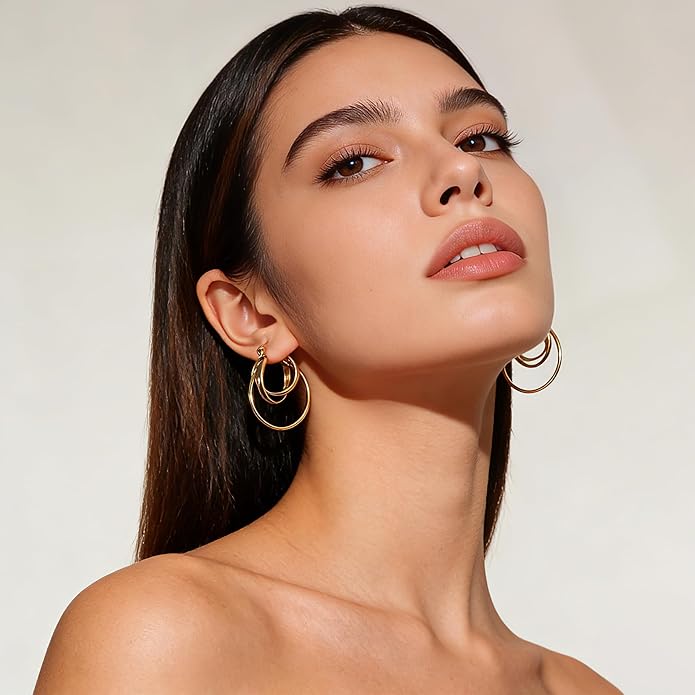 Layered Gold Hoop Earrings for Women 18K Gold Plated Triple Hoops Thin Intertwined Hoop Chic Statement Jewelry