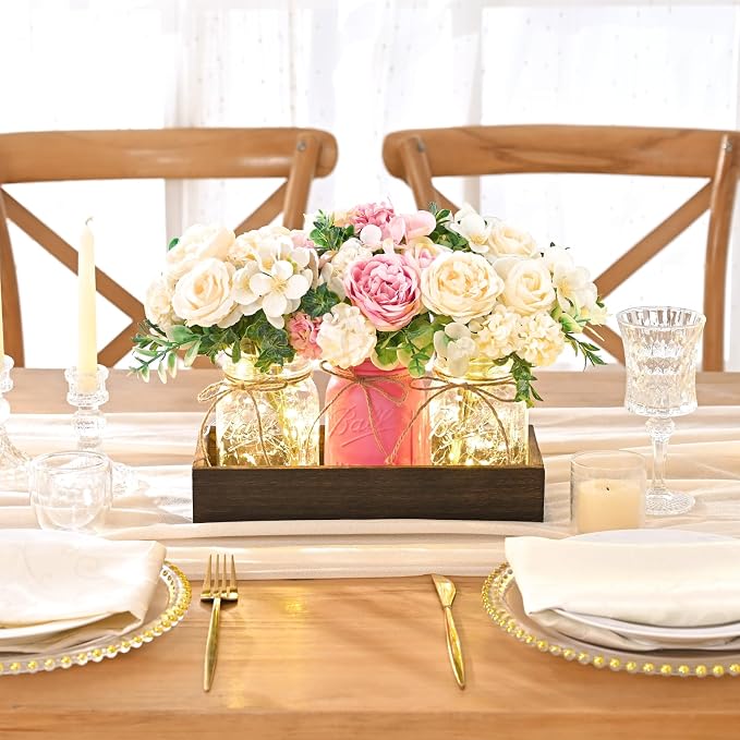 BLEUM CADE 3Pcs Mason Jar with Artificial Roses Flowers Wood Tray and Light | - Image 7