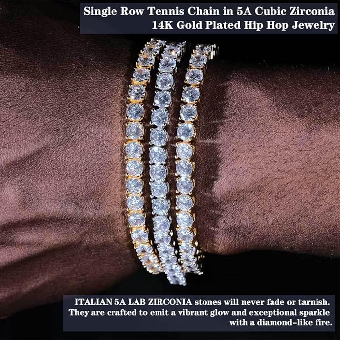 ITALIAN 5A LAB ZIRCONIA Tennis Bracelet for Men | 14K Gold Plated 925 Silver Bold Statement Jewelry | 3mm 4mm 5mm Width Options | Men's Diamond Bracelet, Gold & Rhinestone Tennis Bracelets Gift for Women & Men