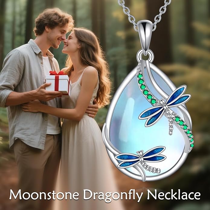 KQF Dragonfly/Butterlfy/Cat/Jellyfish/Bunny/Axolotl/Bee/Mermaid/Hummingbird/Elephant Necklace for Women Sterling Silver Moonstone Pendant Necklace Dragonfly Jewelry Gifts for Women