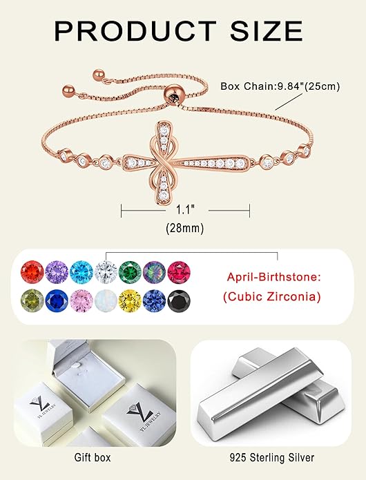 YL Cross Bracelet 925 Sterling Silver Infinity Sideways Link Bracelet Birthstone Jewelry for Women