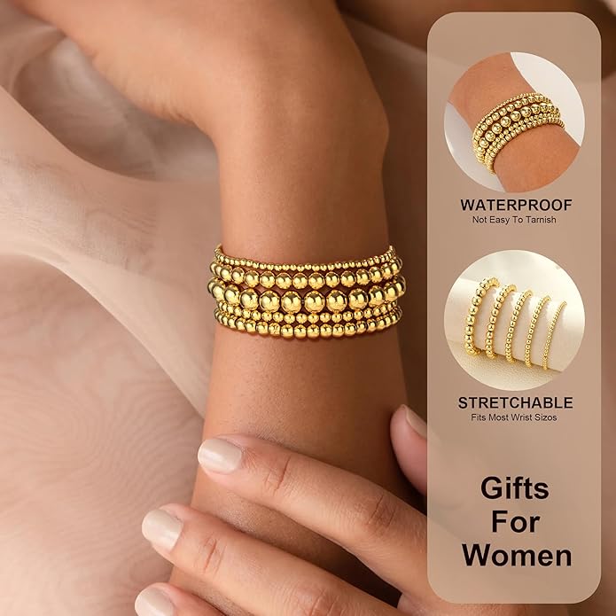 Gold Bead Bracelets for Women Girls - 14K Gold Plated Dainty Round Bead Ball Pearl Cross Bracelet Stack for Women Teenage Girls Stackable Jewelry Christmas Gifts
