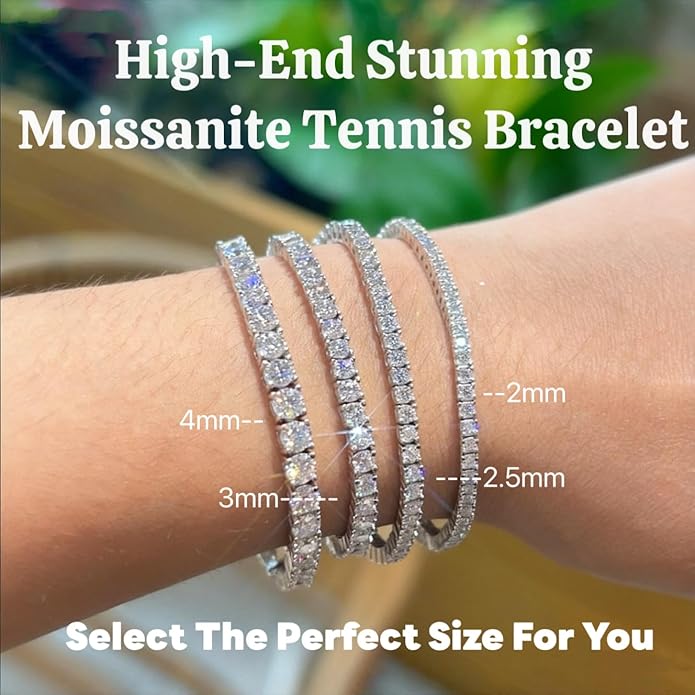 Moissanite Tennis Bracelet for Women, Adjustable Moissanite Tennis Bracelet 2mm/2.5mm/3mm/4mm D Color VVS1 Round Cut 925 Sterling Silver, Luxury Moissanite Jewelry Gift for Valentine's day, Mother's day,Anniversary and Self Gift
