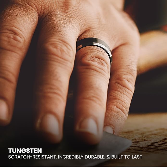Manly Bands: Mens Black Plated Tungsten and Black Zirconium Wedding Bands and Rings - Comfort Fit and Stylish Black Rings for Men, Free Silicone Ring Included