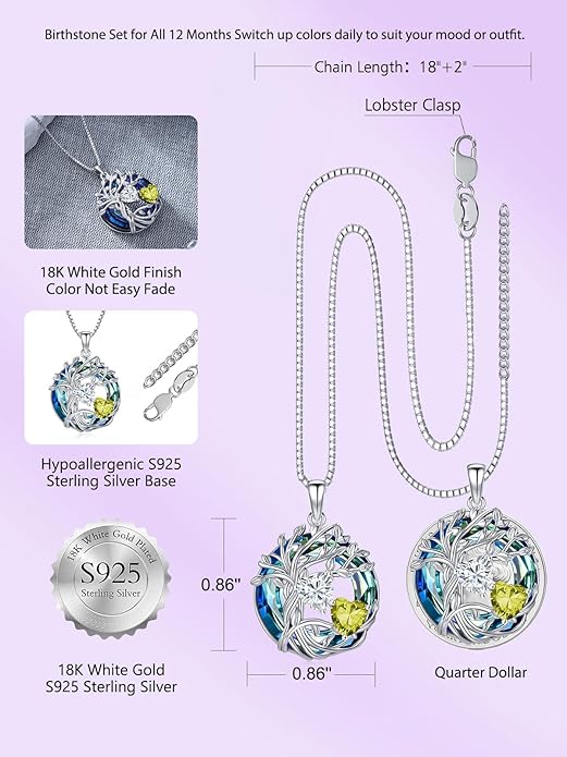 TOUPOP s925 Sterling Silver Family Celtic Tree of Life Pendant Necklaces with 2 Heart Birthstone with Blue Austrian Crystal Jewelry Birthday Valentines Day Gifts for Her, Anniversary Christmas Gifts for Wife Girlfriend Mom (18K Real White Gold Filled)
