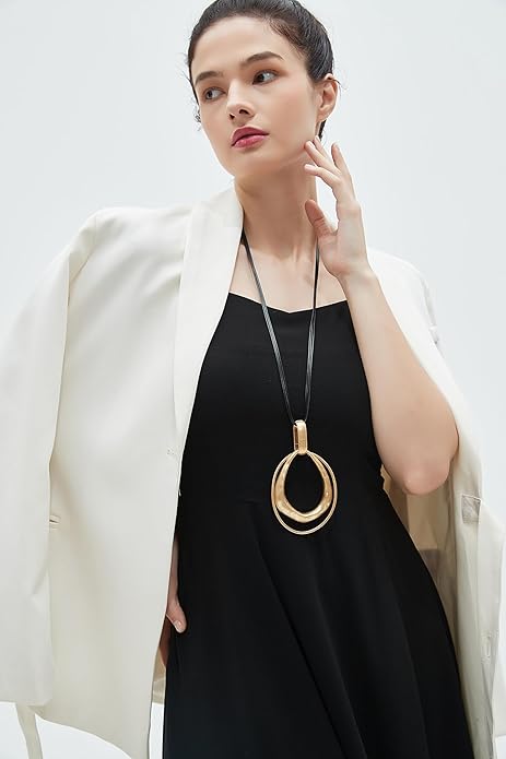 GelConnie Leather Necklace for Women Large Pendant Long Brown Necklace Circle Leather Choker Vintage Sweater Necklace Gold Chunky Boho Necklaces for Women