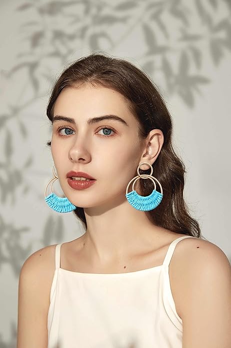 Raffia Hoop Earrings for Women Fun Boho Summer Beach Earrings Lightweight Handmade Straw Wicker Rattan Dangle Earrings Statement Geometric Round Drop Earrings