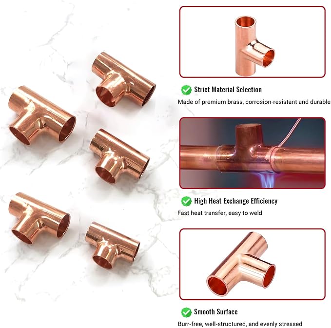 3/8" Copper Tee, Copper Three-Way Fitting Welding Joint, Sweat Solder Connection - Image 4