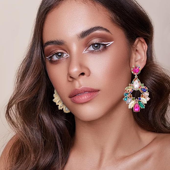 Fashion Rhinestone Statement Drop Dangle Earrings Large Colorful Crystal Chandelier Earrings for Women Bridal Wedding Party Prom