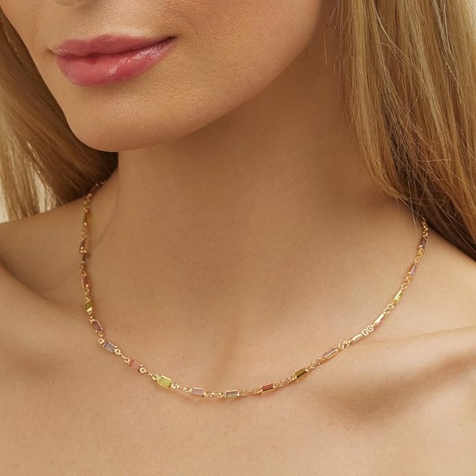 Barzel 18K Gold Plated Multi Stone Crystal Baguette Necklace for Women - Made In Brazil
