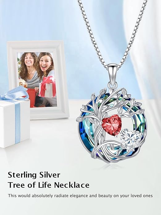 TOUPOP s925 Sterling Silver Family Celtic Tree of Life Pendant Necklaces with 2 Heart Birthstone with Blue Austrian Crystal Jewelry Birthday Valentines Day Gifts for Her, Anniversary Christmas Gifts for Wife Girlfriend Mom (18K Real White Gold Filled)