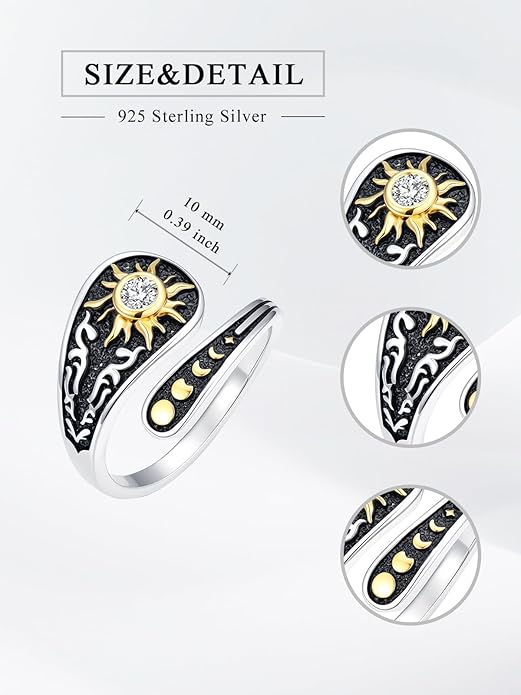 Midari Sun and Moon/Bee/Celtic/Life of Tree/Lotus Spoon Ring for Women 925 Sterling Silver Adjustable Ring Open Ring for Women Men Halloween Birthday Gift