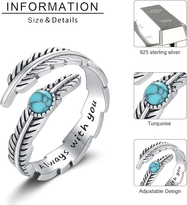 Turquoise/Moss Agate/Moonstone/Black Onyx/Lapis Lazuli/Labradorite/Tiger Eye Feather Ring 925 Sterling Silver Adjustable Ring Western Thumb Rings Vintage Jewelry Gifts for Women
