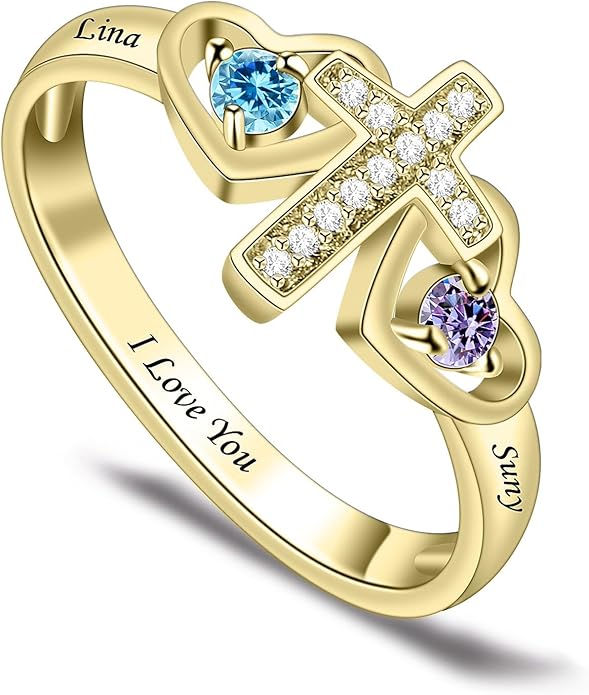 Personalized Heart Birthstone Rings for Women with 2 Birthstones Custom Name Rings for Couple Mother Daughter Jewelry Gift for Mother Her Christmas