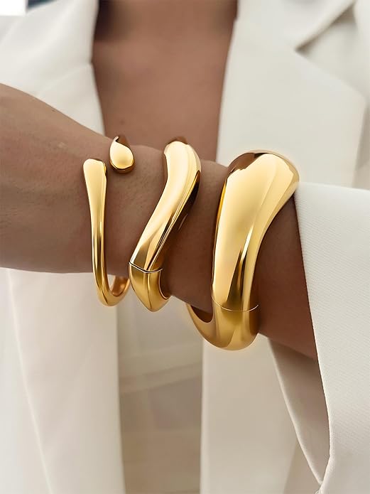 3Pcs Chunky Gold Bangles Bracelets for Women, Spring Hinged Big Stackable Bangles Set, Trendy Cuff Bracelet Stack Fashion Jewelry Gifts
