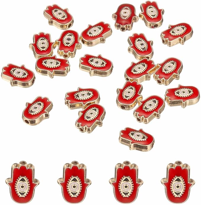 MECCANIXITY 20 Pcs Hand Evil Eye Beads Colorful Flat Loose Spacer Evil Eye Charms for DIY Bracelet Earrings Necklace Crafts Jewelry Making, Red