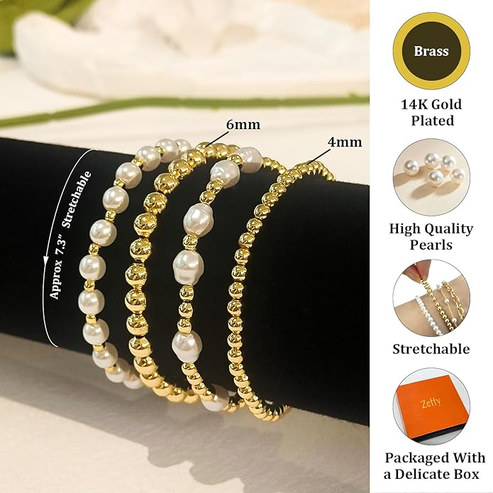 Zeffy Gold Pearl Beaded Bracelet for Women, 14K Gold Plated Jewelry Set With Paperclip Link Chain, Trendy Stack Bracelets