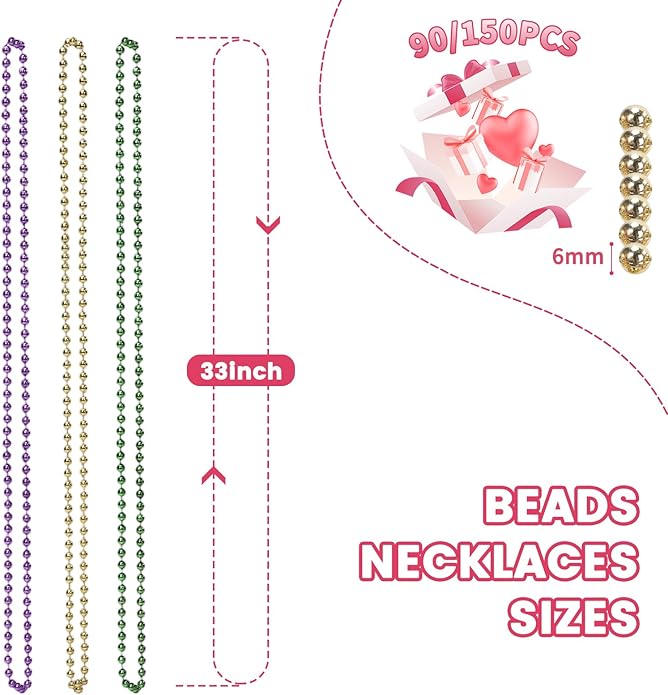 Mardi Gras Beads Necklaces, 33 Inch Plastic Beads for Party Favors, Festival Decorations, Parade Throws, Christmas, St. Patrick's Day Celebrations