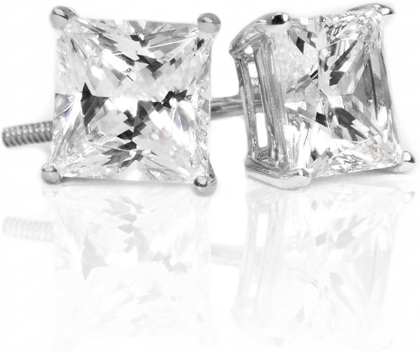 14K White Gold Moissanite Earrings Men & Women, Solid Gold Simulated Diamond and Lab Diamonds Studs for Men & Women, 1ct - 2ct Round, Princess, Heart, Halo Cut, Dangle, Lever or Screw Back Earrings, VVS1, D Color, Pink or Blue - Luxury Gift Box