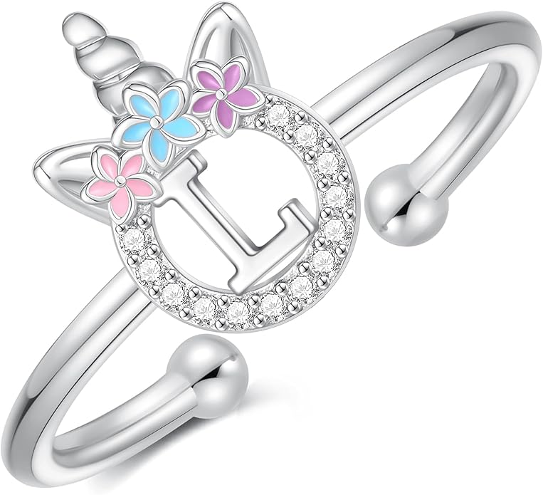 Unicorn Rings Gifts for Girls - Adjustable Initial Ring Dainty Cute Unicorn Rings for Girl Teens Little Girls Jewelry Birthday Gift