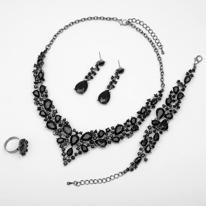 CSY 4 Pcs/Set Austrian Crystal Necklace Earrings Bracelet Ring Bridal Jewelry Sets for Brides Wedding Party Costume Accessories Gifts for Women