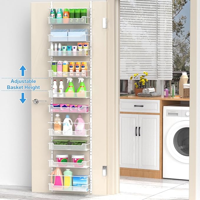 Over the Door Pantry Organizer, 10-Tier Over the Door Organizer with Adjustable Basket, Pantry Door Organization for Pantry Kitchen Storage Room Spice Rack, White