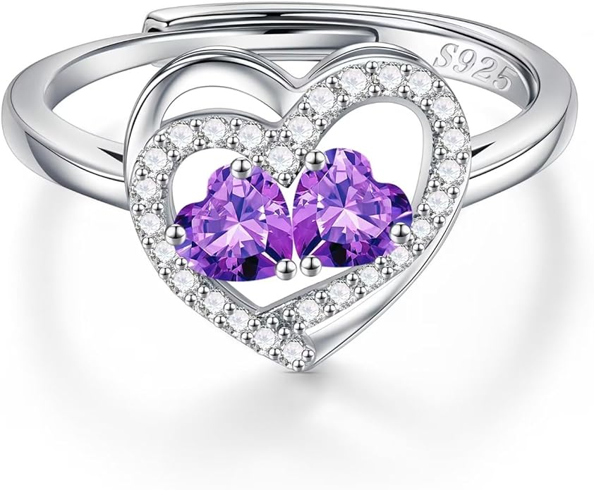 Iefil Adjustable Ring for Women - 925 Sterling Silver Double Birthstone Rings, Anniversary Birthday Gifts for Women Wife Her