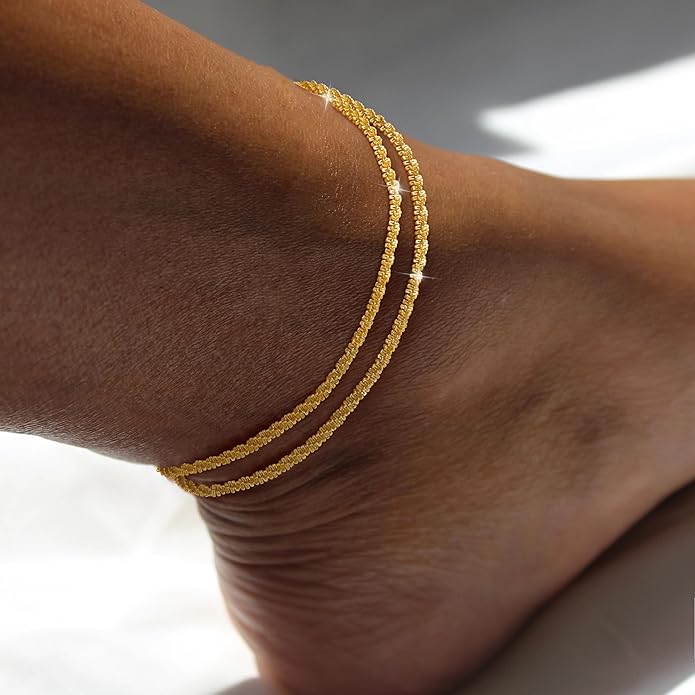 Risamil 14K Gold Plated Ankle Bracelets for Women, Anklets for Women Waterproof Layered Ankle Bracelets for Women Teen Girl Herringbone Anklet Set Summer Foot Jewelry Gifts