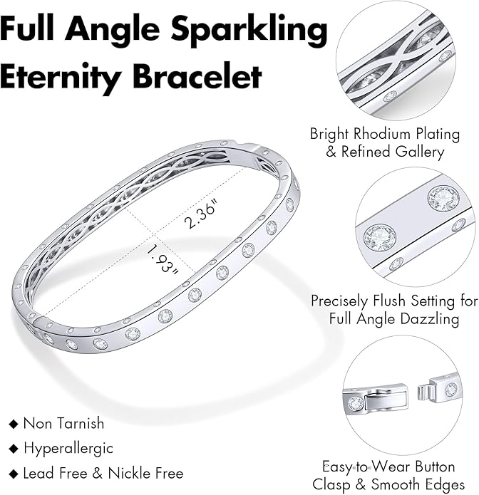 Eternity Bracelets for Women - Cushion Shape Bangle Bracelets | White Gold Bangles Non-Tarnish | Wedding Anniversary Birthday Gifts for Her