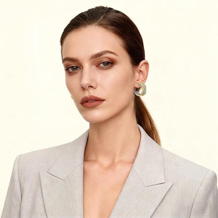 Gold and Silver Mixed Metal Clip-On Earrings Two Tone Clip-On Earrings Chunky Twist Open Hoops Earring Fashion Jewelry