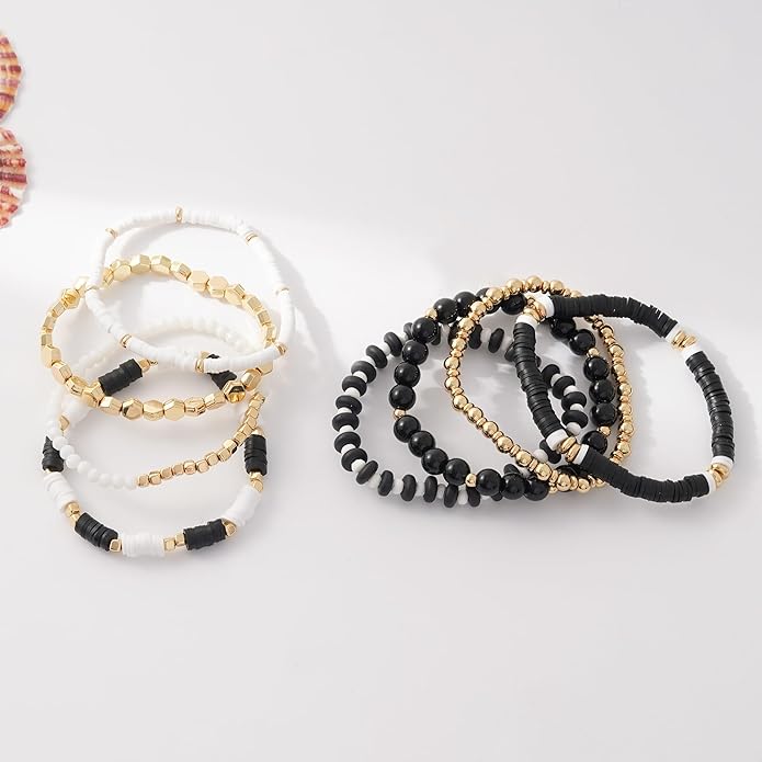 GOOJIDS Surfer Heishi Clay Bead Bracelets for Women Bohemian Stackable Gold Plated Beaded Stretch Bracelets Elastic Layering Friendship Bracelets Set Boho Jewelry
