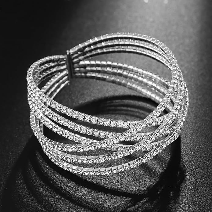Rhinestone Bracelet for Women MultiLayer Crystal Cuff Bracelet Strand Layered Bracelet