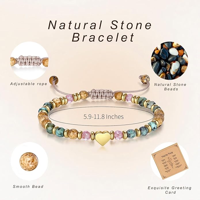 Natural Stone Heart Charm Bracelet - Adjustable Beaded Jewelry for Women, Thinking of You Gift.
