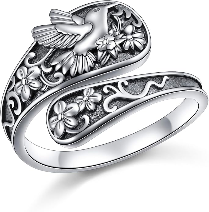 925 Sterling Silver Hummingbird/Sunflower Turquoise/Moonstone/Lily of the Valley Flower Spoon Ring Adjustable Open Ring Statement Thumb Ring Jewelry for Women